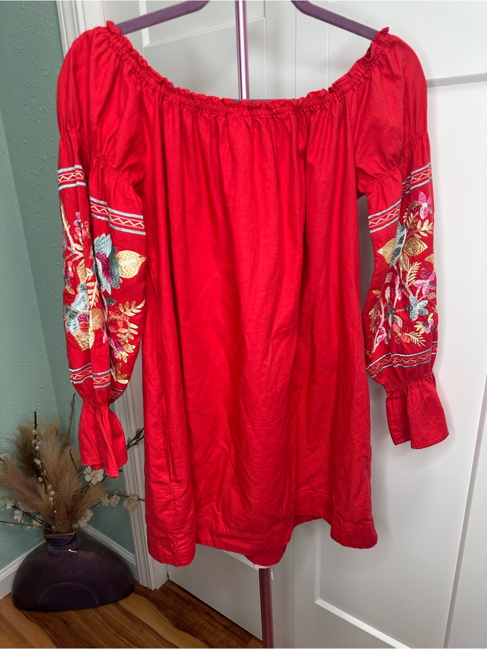 Free People Red Off-Shoulder Embroidered Midi Dress Small w/ pockets